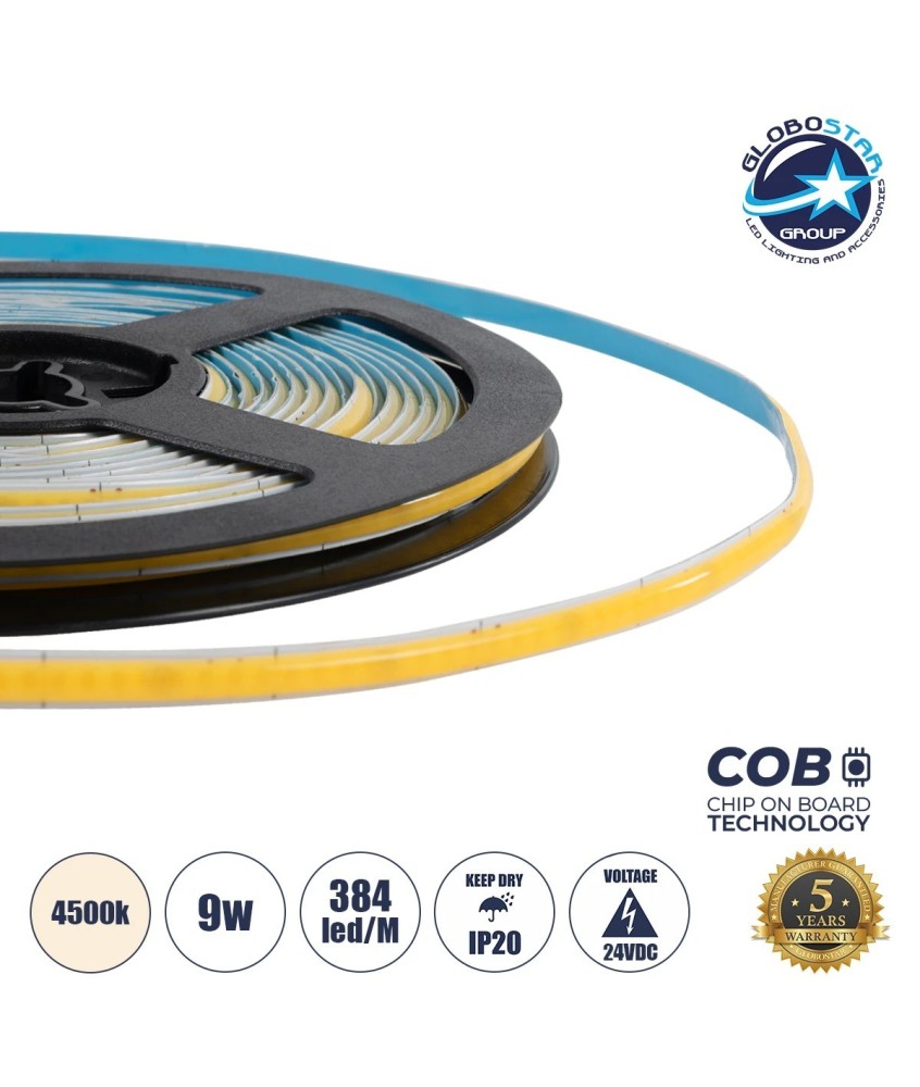 GLOBOSTAR® BEE 70356 Ταινία LED 9W-m 900lm-m 120° DC 24V IP20 384 x COB Chip-m Φυσικό Λευκό 4500K Dimmable - Sanan COB Chip - Μ500 x Π0.5 x Υ0.2cm - Ρολό 5 Μέτρων - 5 Χρόνια Εγγύηση